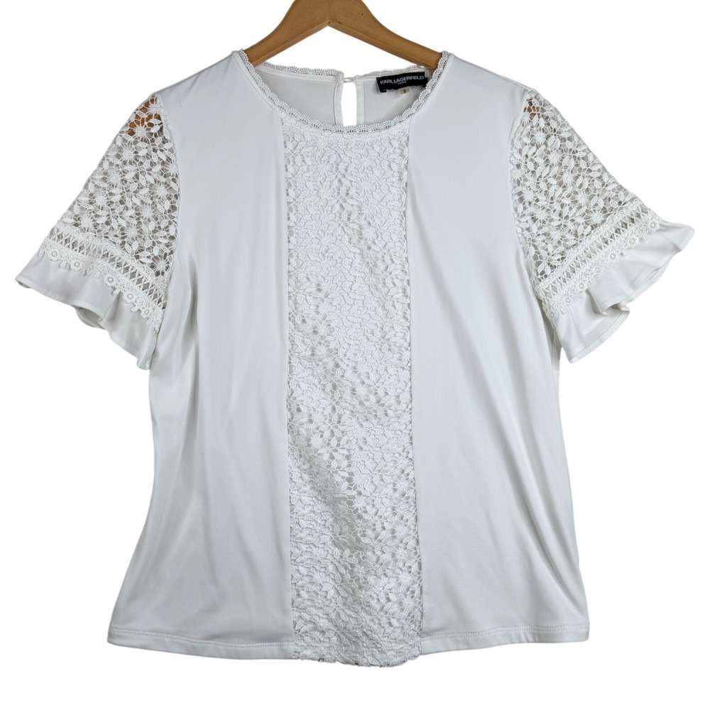 Karl Lagerfeld Lace Panel Flutter Short Sleeve Blouse size Medium White